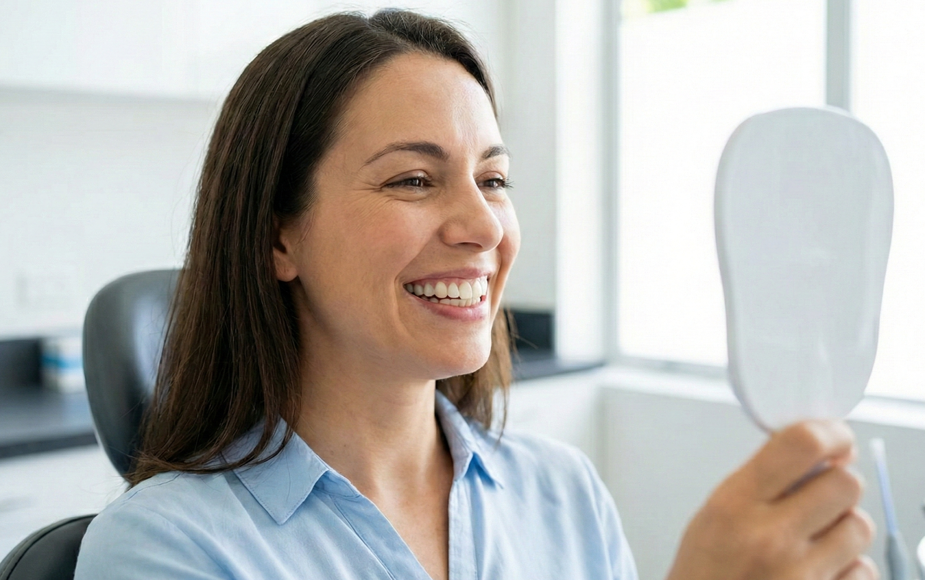 mujer después de una cirugía de implante dental
