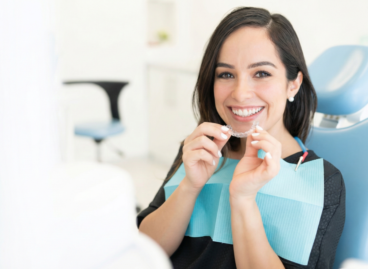 Mujer con alineadores invisibles
